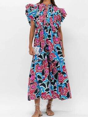 Oliphant Scallop Pintuck Floral Flutter Sleeves Scallop Hem Maxi Dress Size S